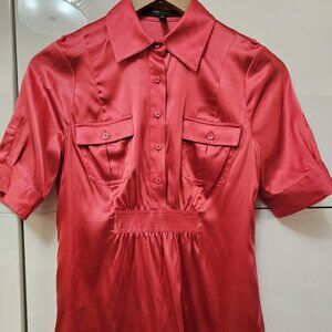 BCBG Coral Peach Geranium Silk Shirred Button-Down Blouse TOP XS